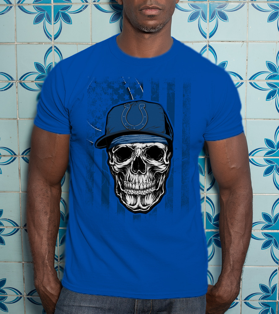 Skull Indianapolis Colts Blue Cap American Flag Background T-Shirt
