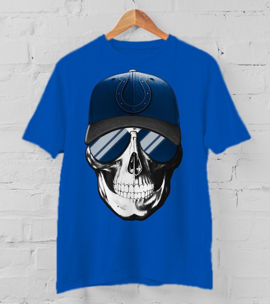 Skull Wearing Indianapolis Colts Cap With Sunglasses T-Shirt