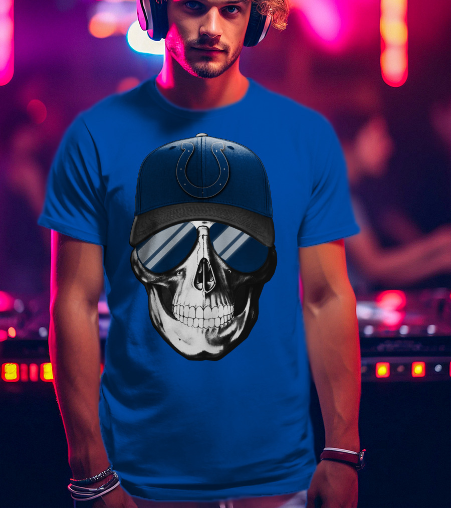 Skull Wearing Indianapolis Colts Cap With Sunglasses T-Shirt