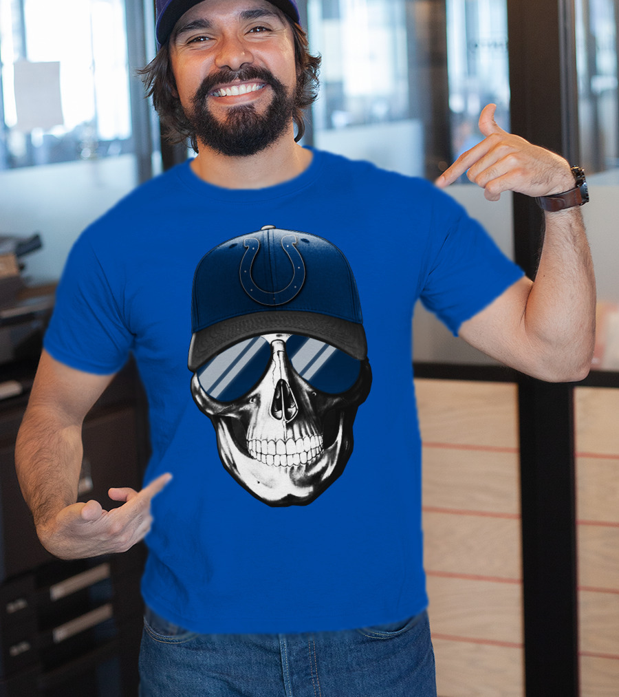 Skull Wearing Indianapolis Colts Cap With Sunglasses T-Shirt
