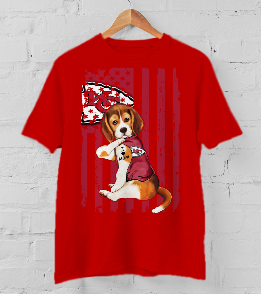 Beagle I Love Mom Kansas City Chiefs Fan Tattoo Football American Flag T-Shirt