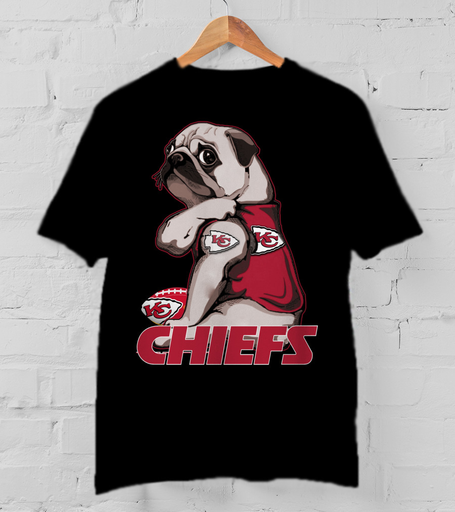 Pug Wearing Kansas City Chiefs Jersey With Football T-Shirt