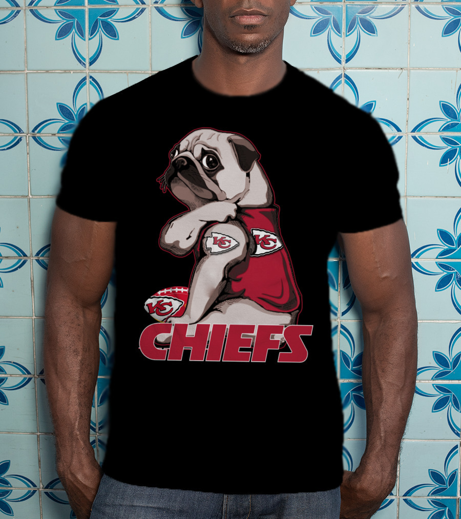 Pug Wearing Kansas City Chiefs Jersey With Football T-Shirt