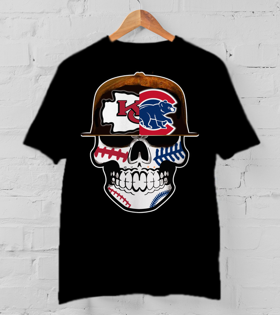 Kansas City Chiefs Chicago Cubs Skull Baseball Football Fusion T-Shirt