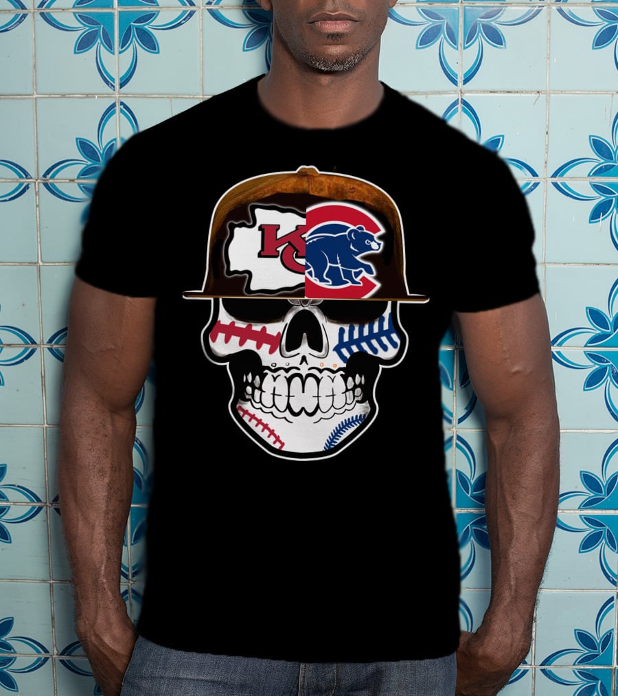 Kansas City Chiefs Chicago Cubs Skull Baseball Football Fusion T-Shirt