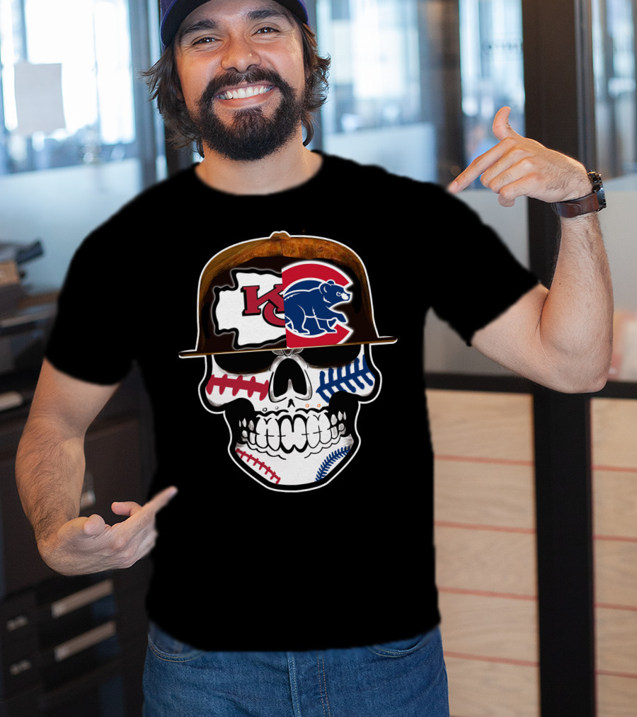 Kansas City Chiefs Chicago Cubs Skull Baseball Football Fusion T-Shirt
