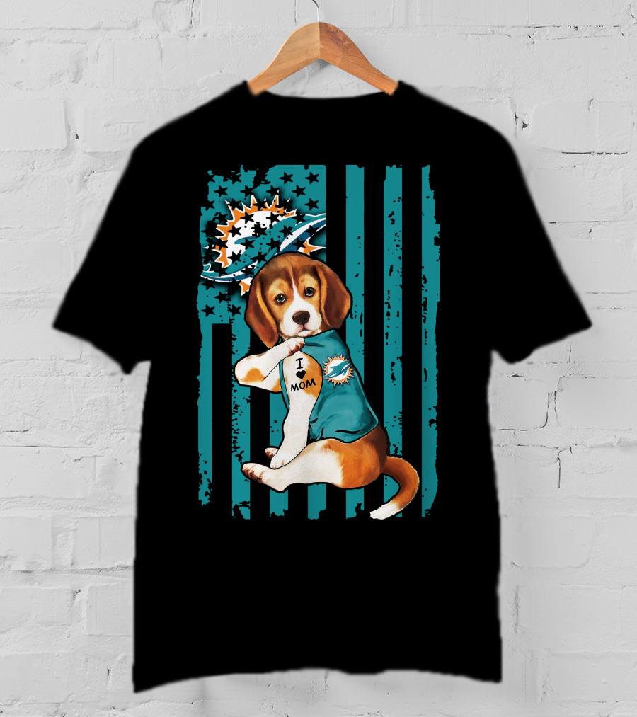 Beagle I Love Mom Miami Dolphins Football Flag T-Shirt