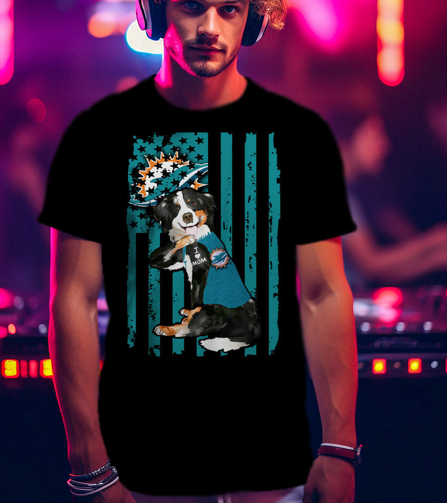 Border Collie I Love Mom Wearing Miami Dolphins Fan Shirt With Flag T-Shirt