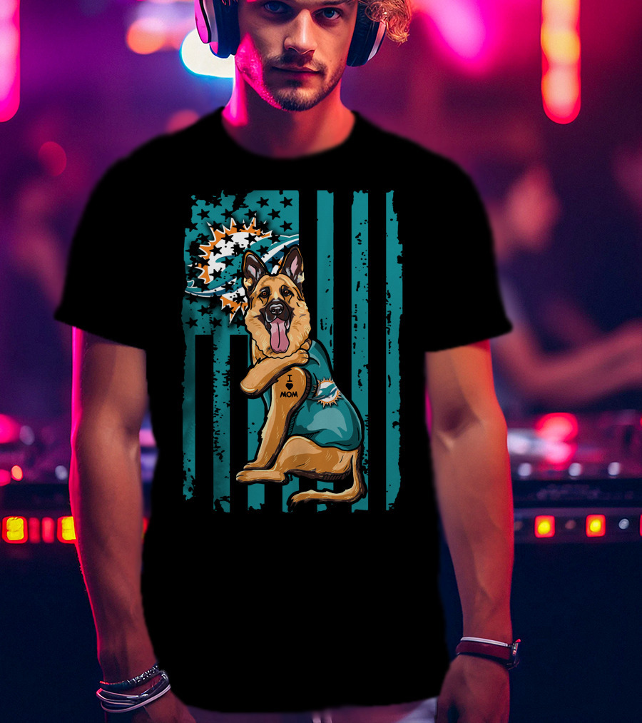 German Shepherd Miami Dolphins I Love Mom Flag T-Shirt
