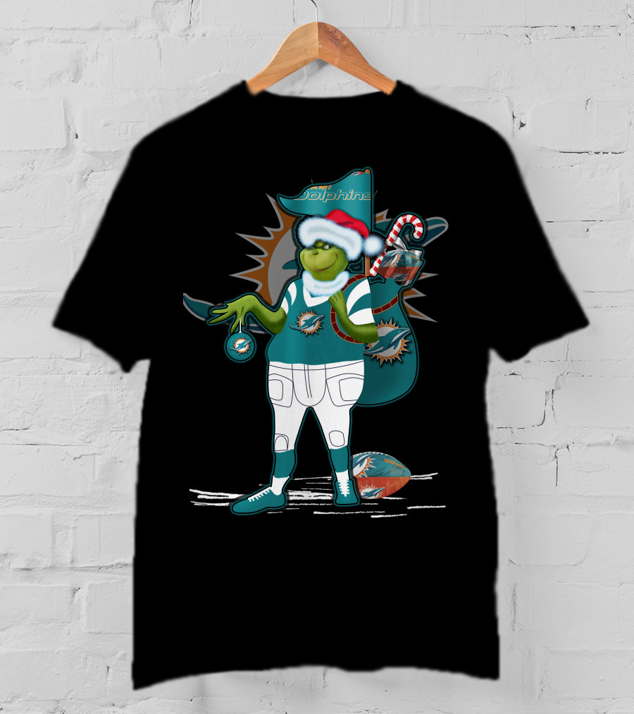 Grinchxmas Miami Dolphins Holiday Grinch With Football And Ornament Santa Hat T-Shirt