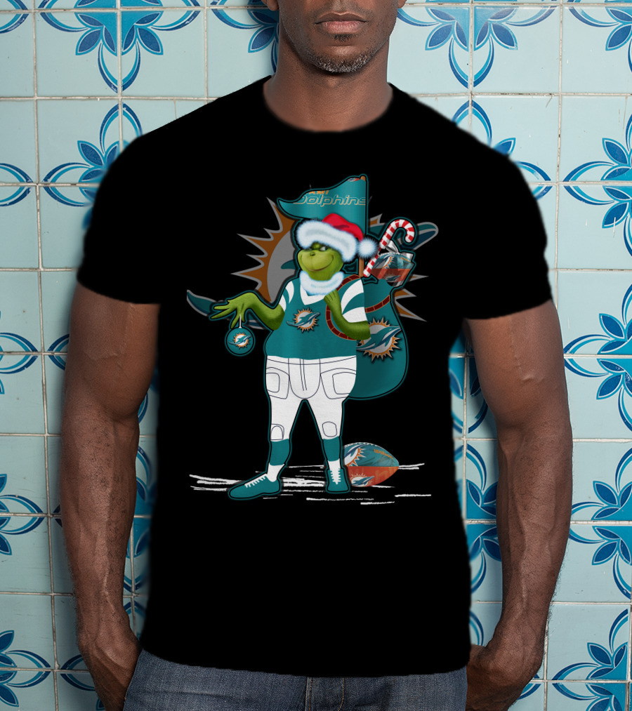Grinchxmas Miami Dolphins Holiday Grinch With Football And Ornament Santa Hat T-Shirt