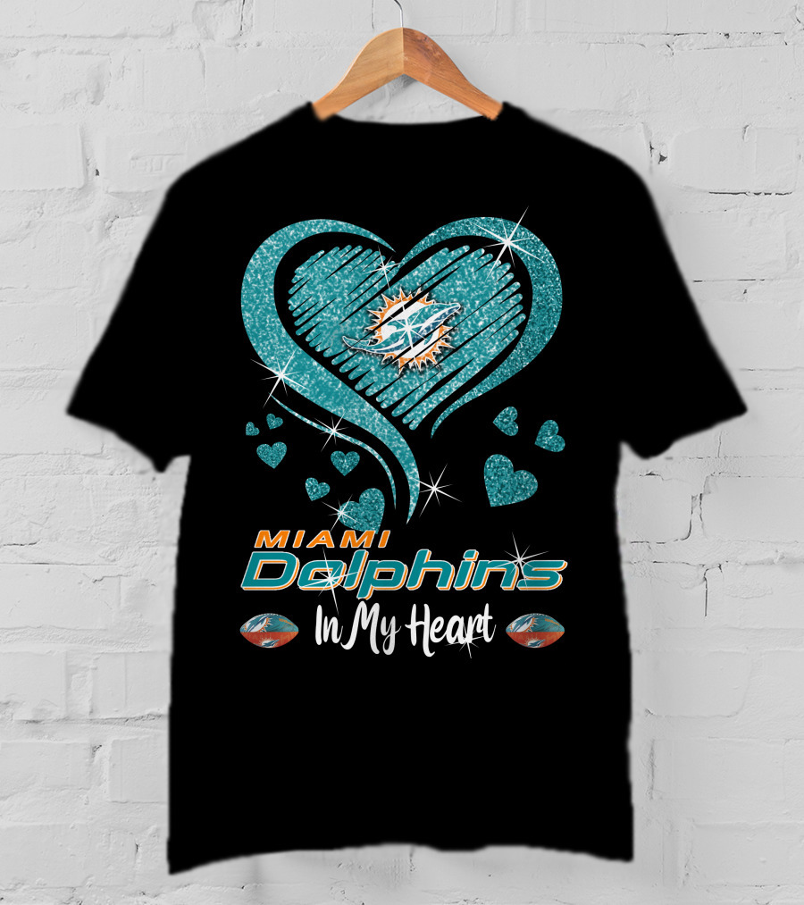 Miami Dolphins In My Heart Sparkling Teal Design With Logo And Hearts T-Shirt
