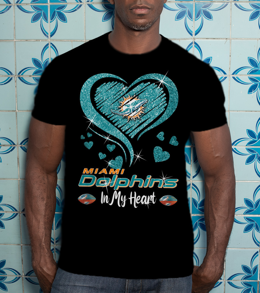 Miami Dolphins In My Heart Sparkling Teal Design With Logo And Hearts T-Shirt