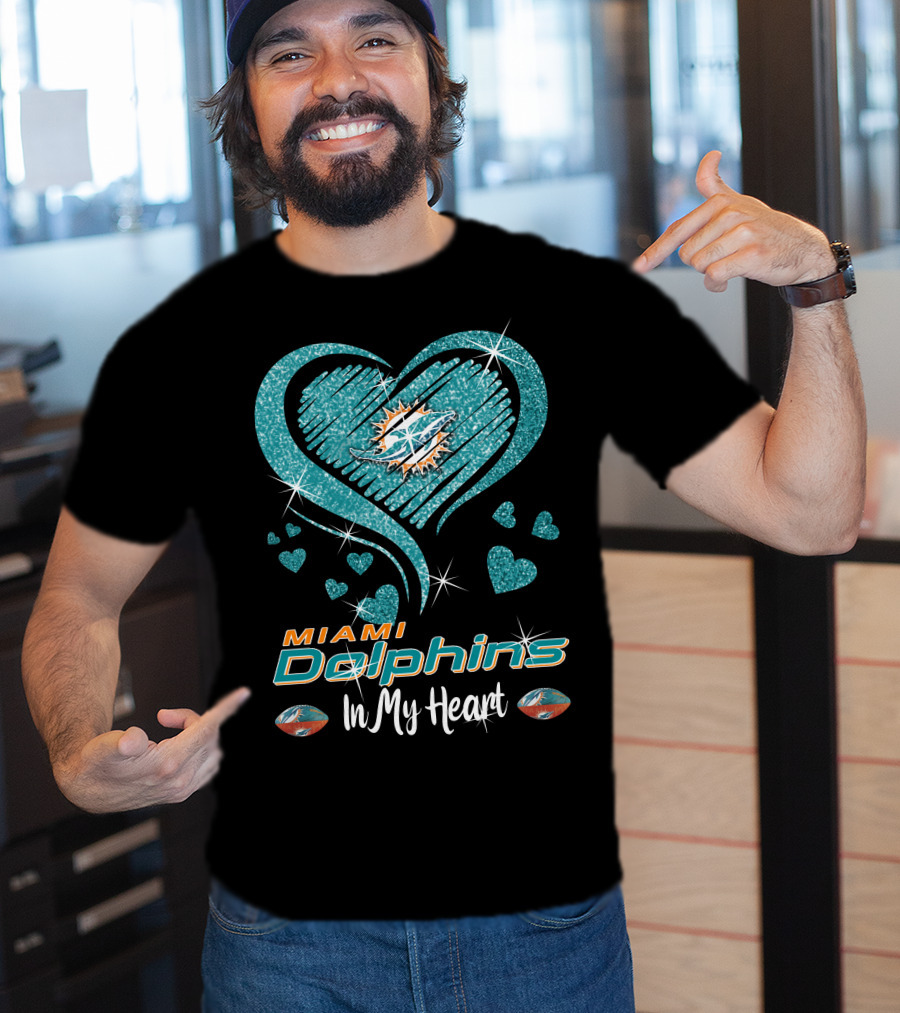 Miami Dolphins In My Heart Sparkling Teal Design With Logo And Hearts T-Shirt