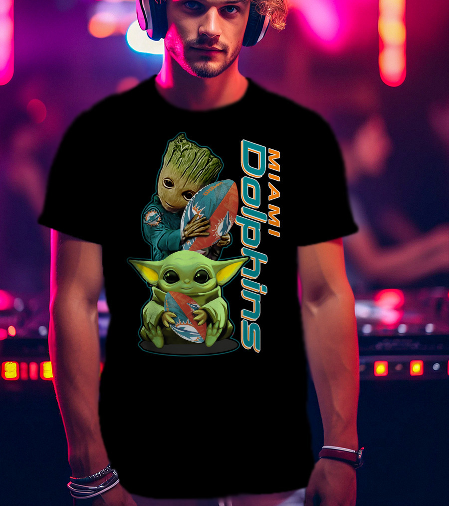 Grzd Miami Dolphins Groot And Baby Yoda Football T-Shirt