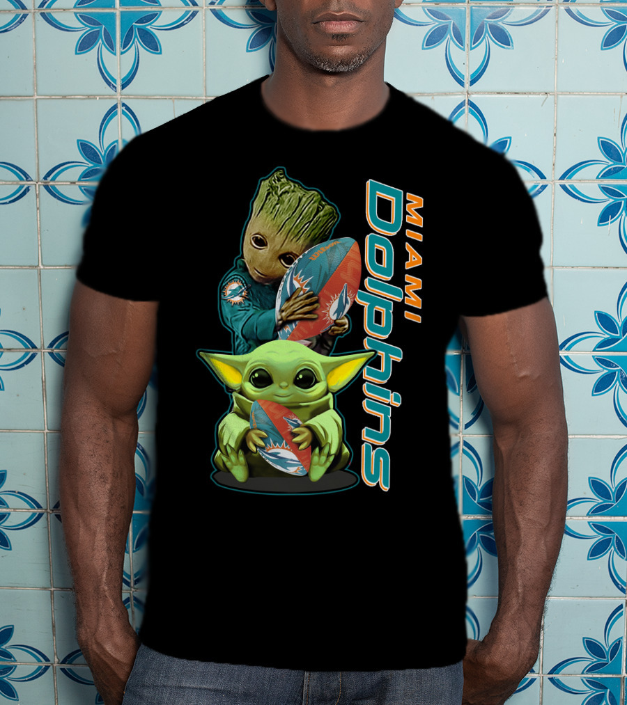 Grzd Miami Dolphins Groot And Baby Yoda Football T-Shirt