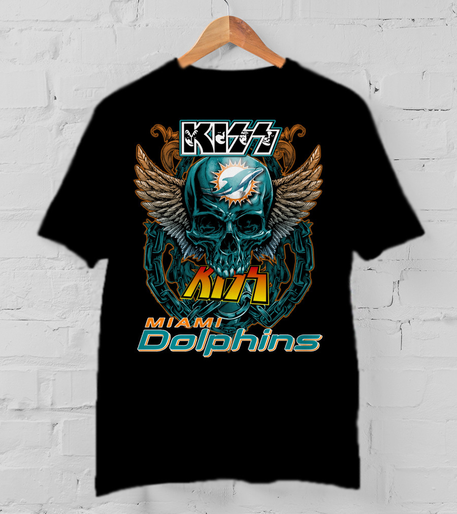 Kiss Miami Dolphins Skull Art With Wings And Chains T-Shirt