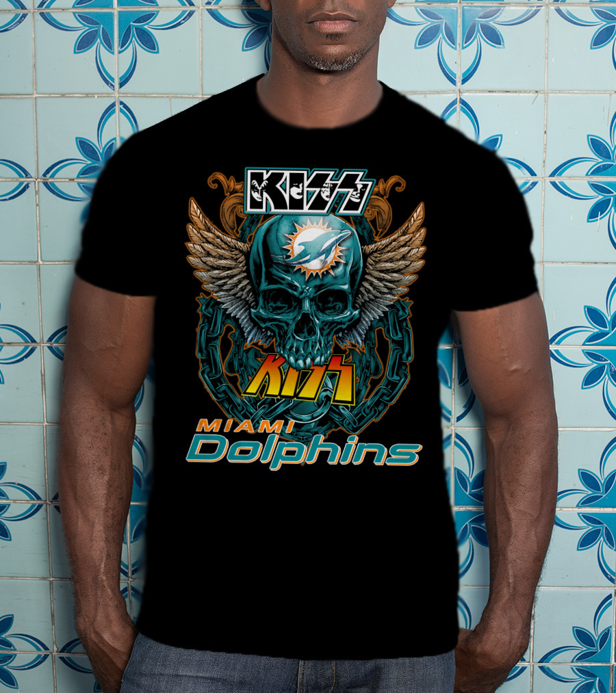 Kiss Miami Dolphins Skull Art With Wings And Chains T-Shirt