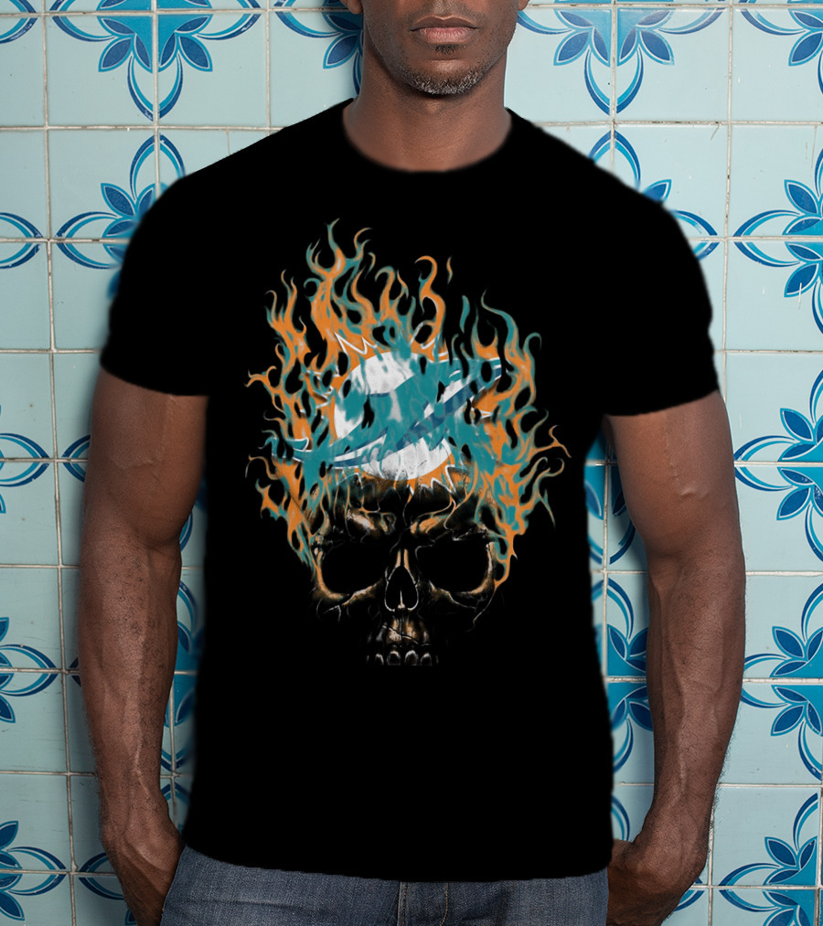Miami Dolphins Flaming Skull Logo 38 T-Shirt