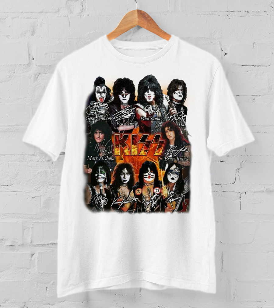 Kiss Band Members Gene Simmons Paul Stanley Peter Criss Ace Frehley Eric Carr Vinnie Vincent Mark St. John Bruce Kulick Eric Singer Thayer Signatures T-Shirt