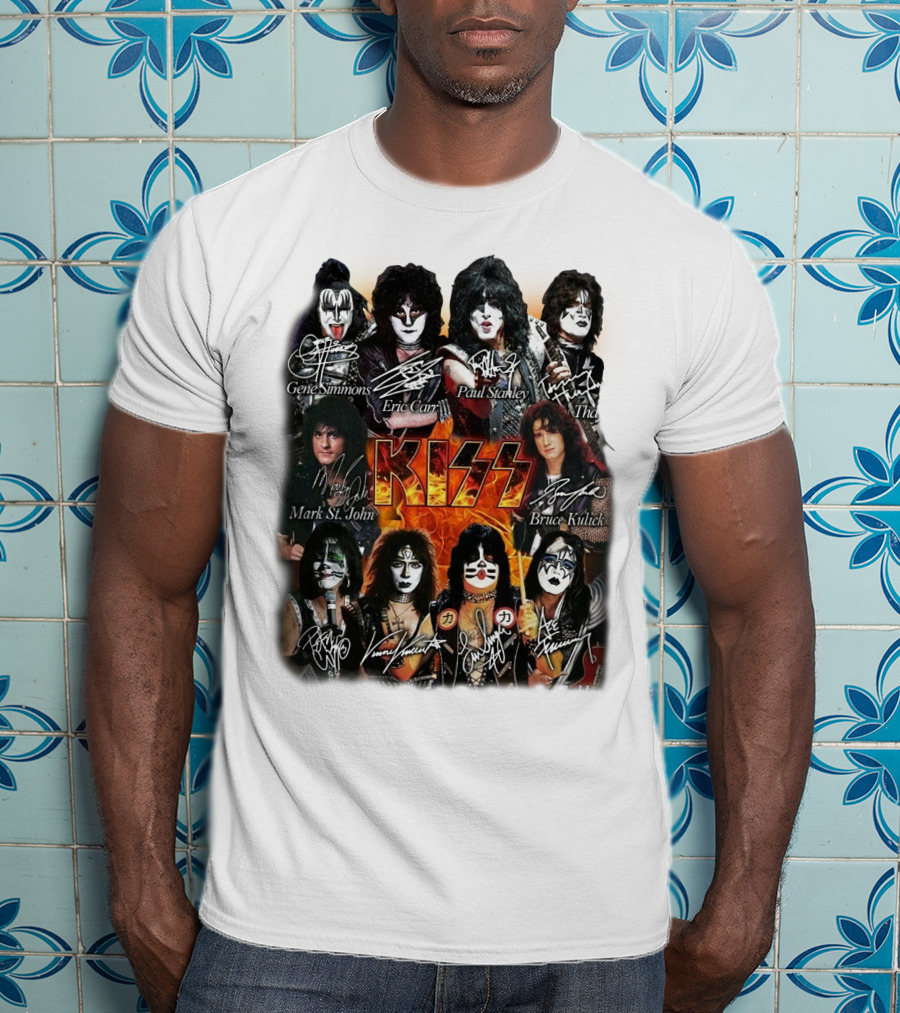 Kiss Band Members Gene Simmons Paul Stanley Peter Criss Ace Frehley Eric Carr Vinnie Vincent Mark St. John Bruce Kulick Eric Singer Thayer Signatures T-Shirt