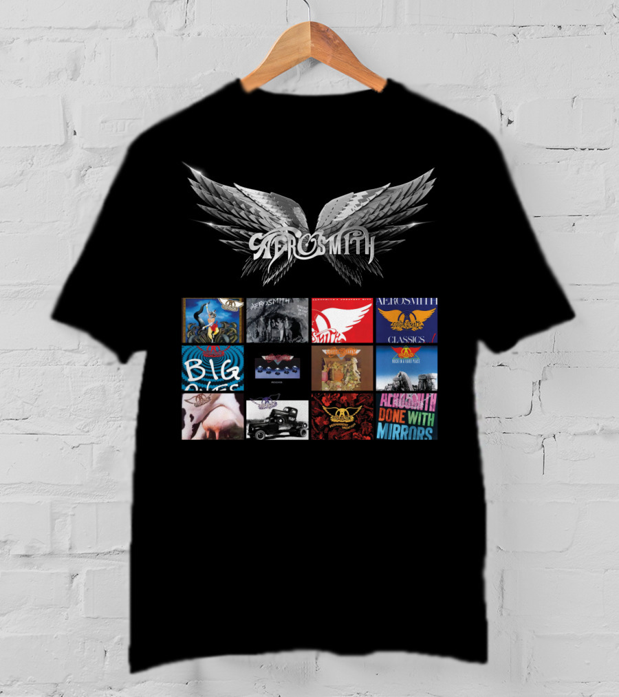 Aerosmith Wings Logo With Album Covers Collection Classics Big Ones Permanent Vacation Pump Done With Mirrors T-Shirt