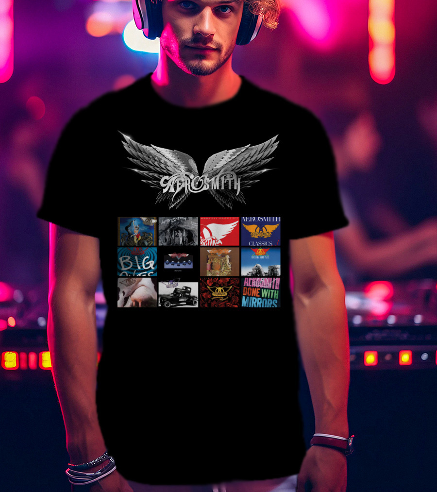 Aerosmith Wings Logo With Album Covers Collection Classics Big Ones Permanent Vacation Pump Done With Mirrors T-Shirt