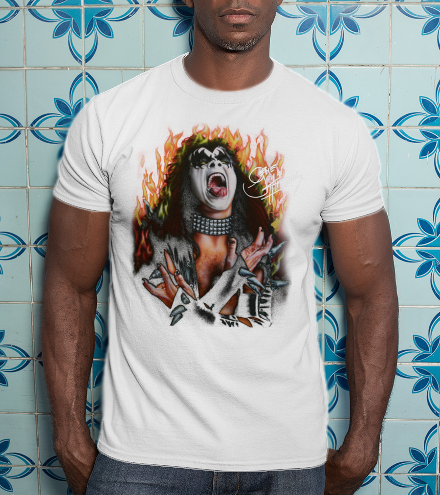 Gene Simmons Demon Makeup Fire Background T-Shirt