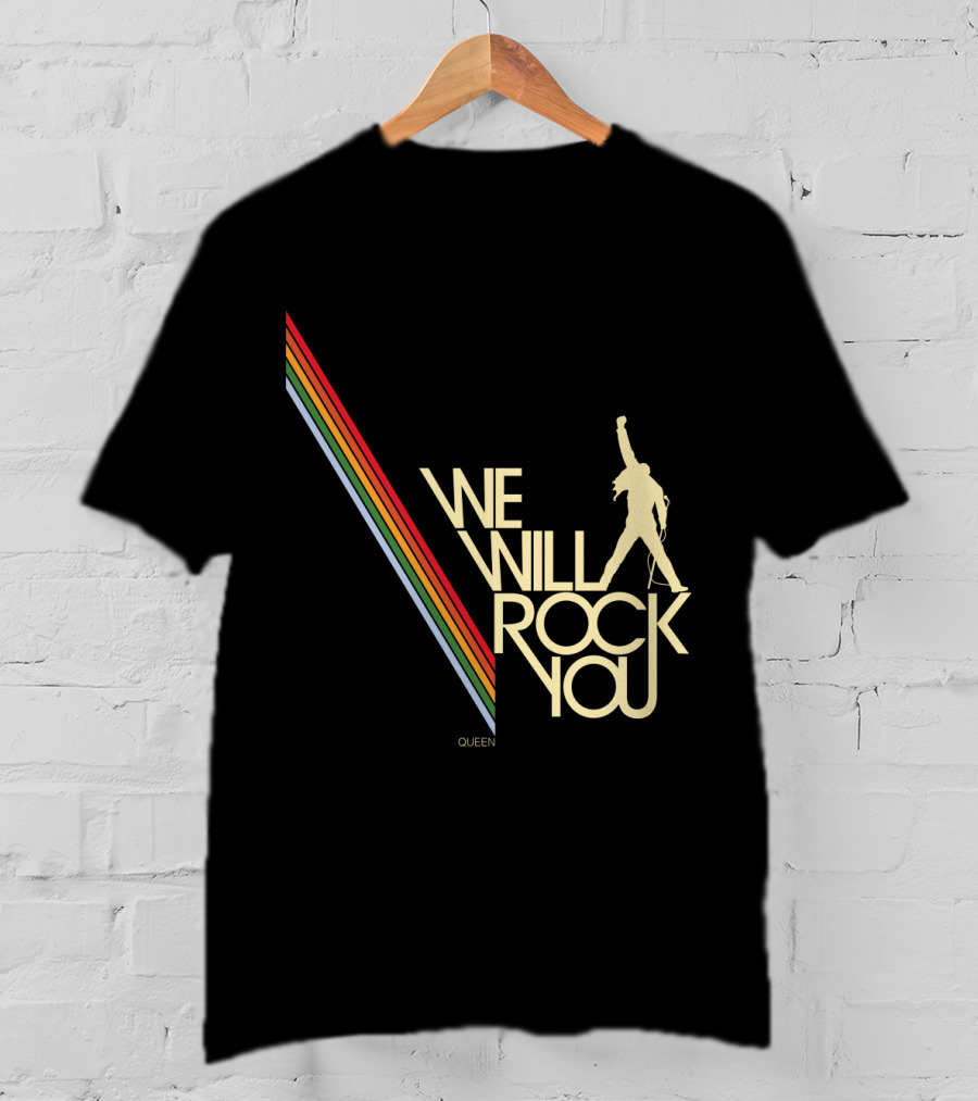 Queen We Will Rock You Silhouette Logo Rainbow Stripes T-Shirt