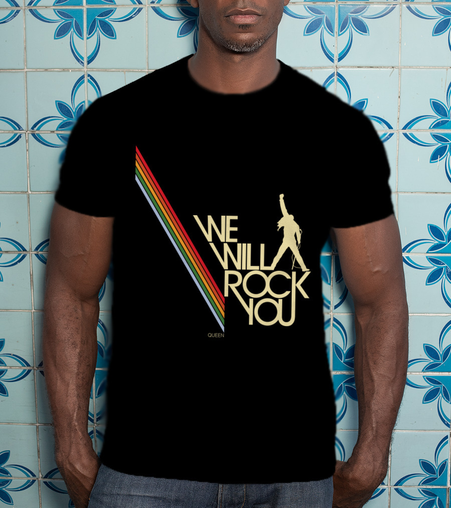 Queen We Will Rock You Silhouette Logo Rainbow Stripes T-Shirt