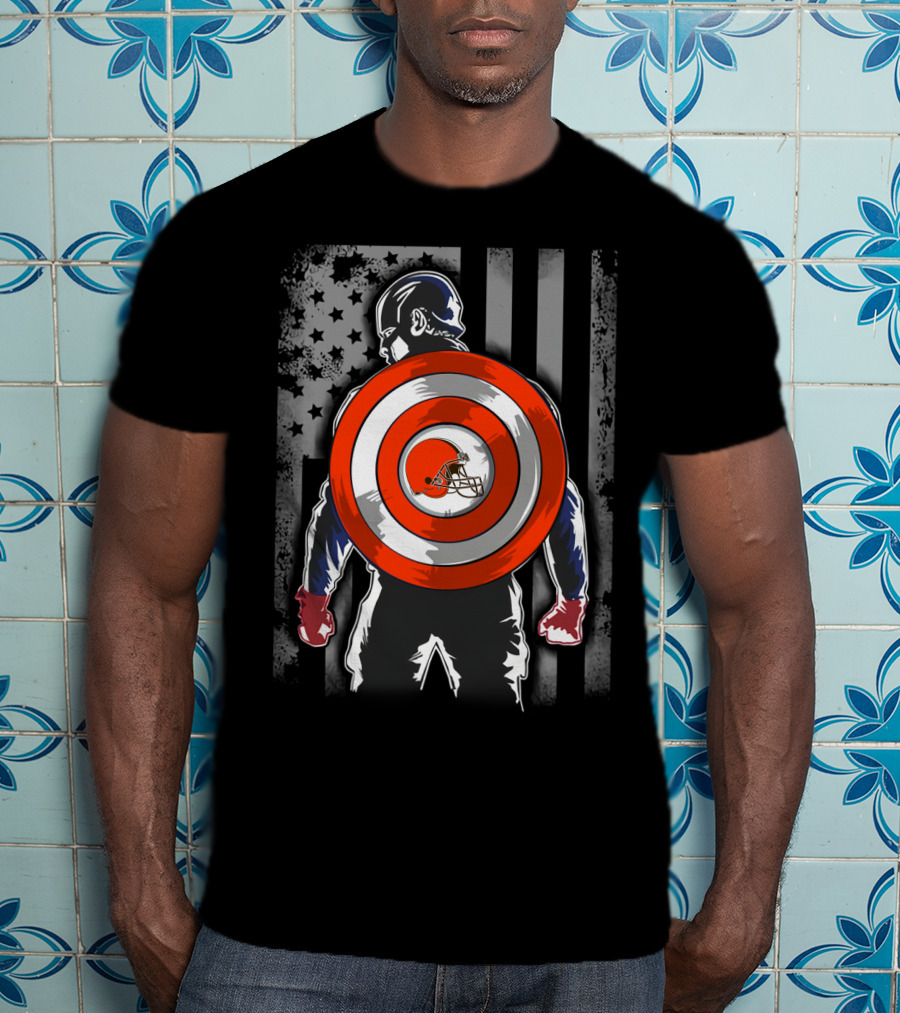 Cleveland Browns Captain America Shield USA Flag Backdrop T-Shirt