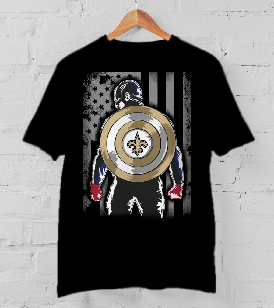 New Orleans Saints Captain America Shield Fleur-de-Lis American Flag Hero T-Shirt