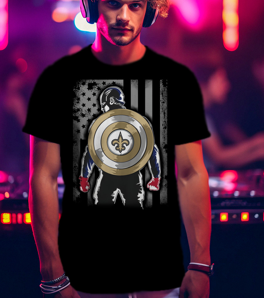 New Orleans Saints Captain America Shield Fleur-de-Lis American Flag Hero T-Shirt