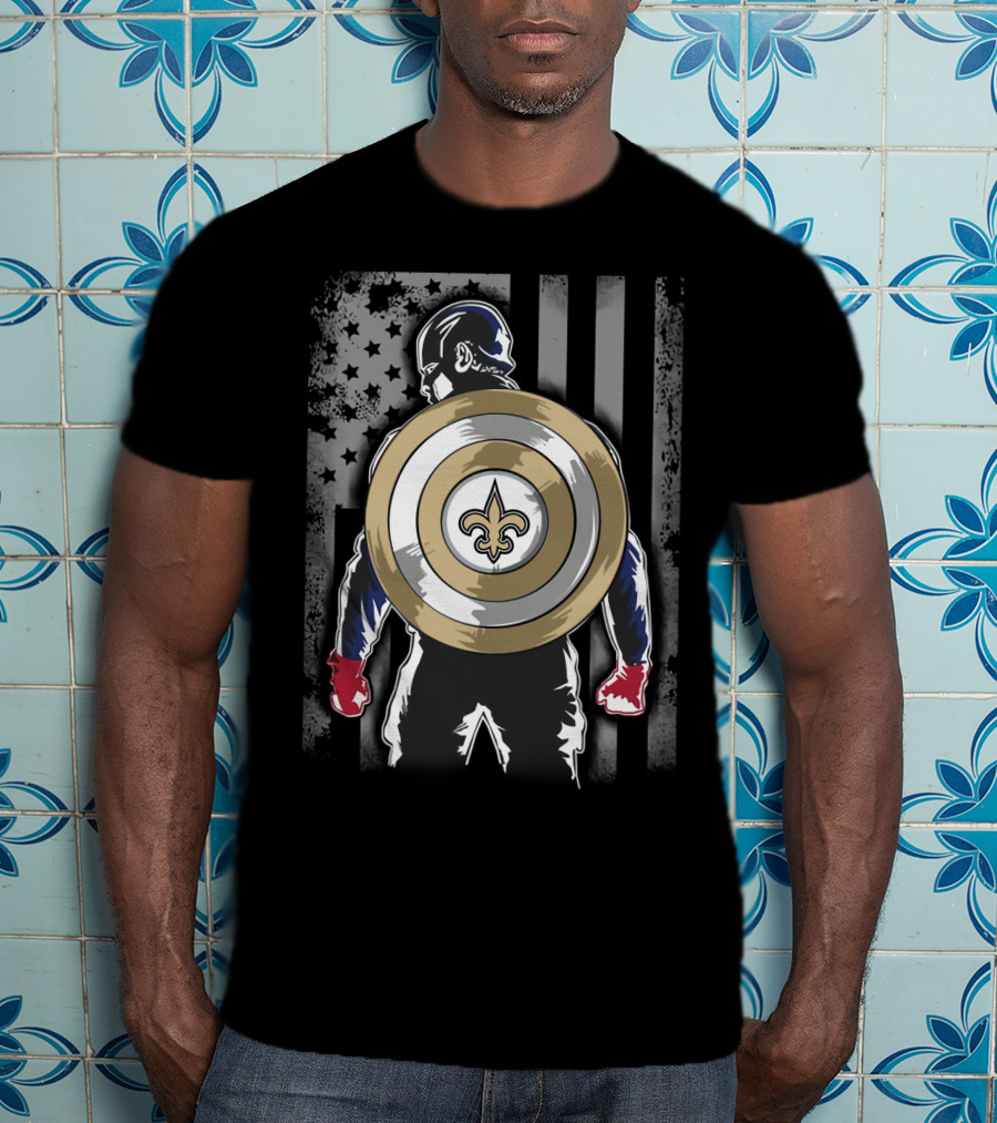 New Orleans Saints Captain America Shield Fleur-de-Lis American Flag Hero T-Shirt