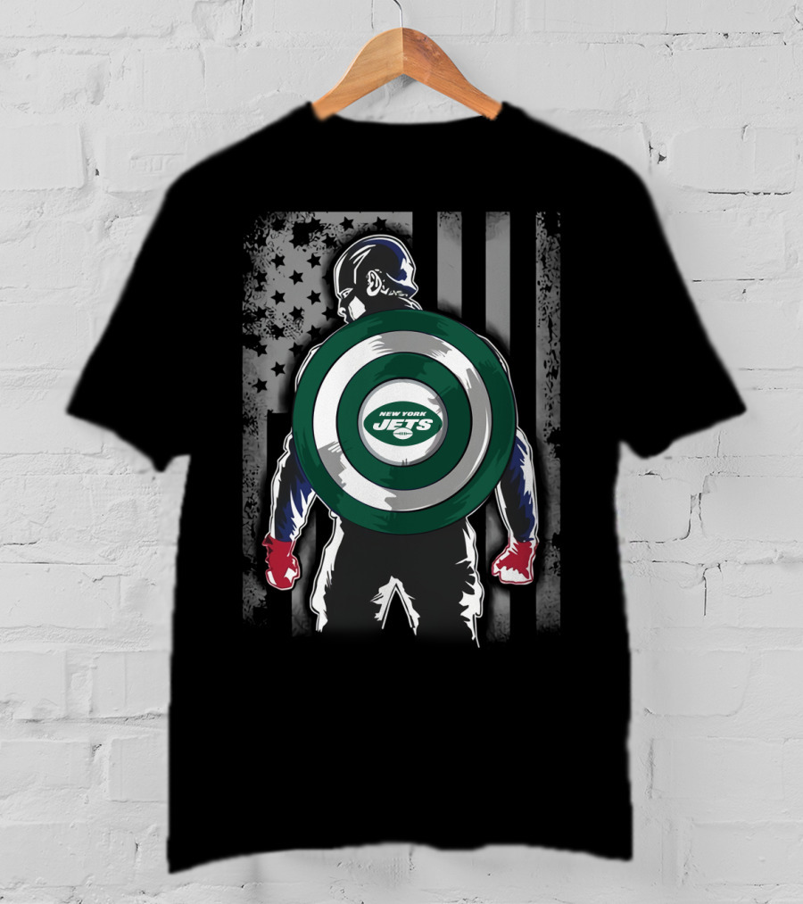 New York Jets Captain America Shield With Flag Background T-Shirt