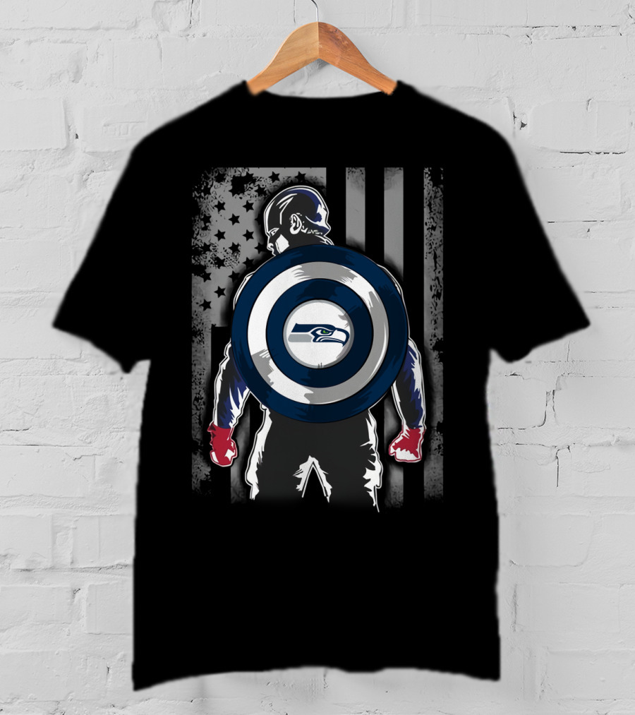 Seattle Seahawks Captain America Shield Stars And Stripes Flag T-Shirt