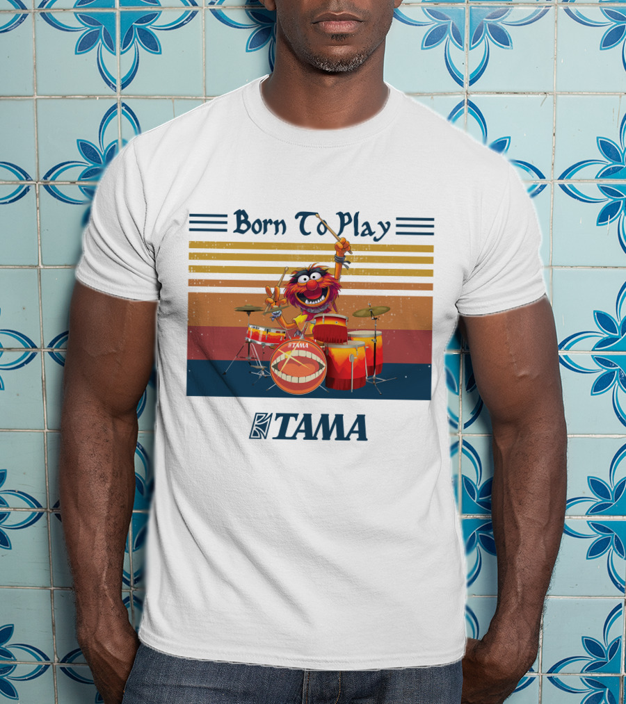 Born To Play TAMA Drum Set With Enthusiastic Drumming Character T-Shirt