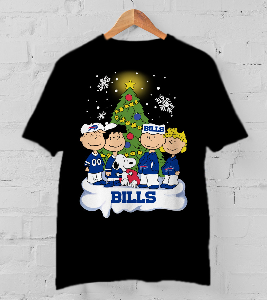 Snoopy And Peanuts Characters Celebrating With Buffalo Bills Christmas Tree T-Shirt