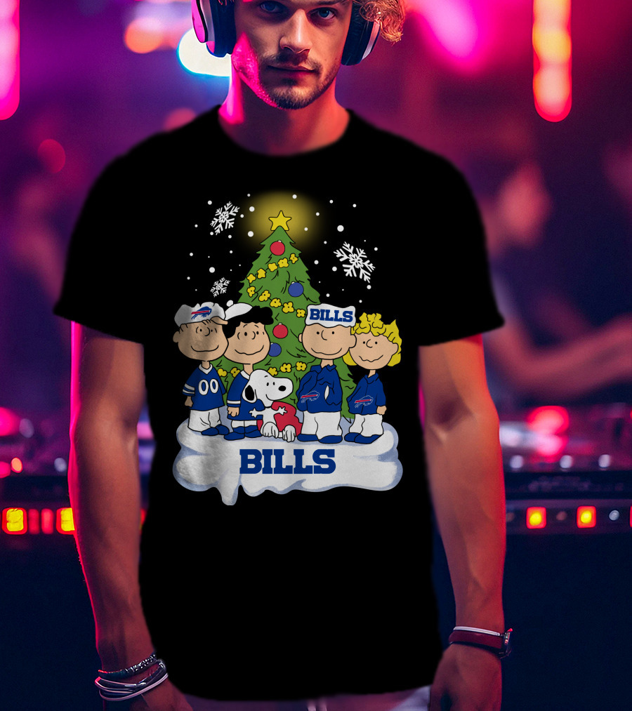 Snoopy And Peanuts Characters Celebrating With Buffalo Bills Christmas Tree T-Shirt