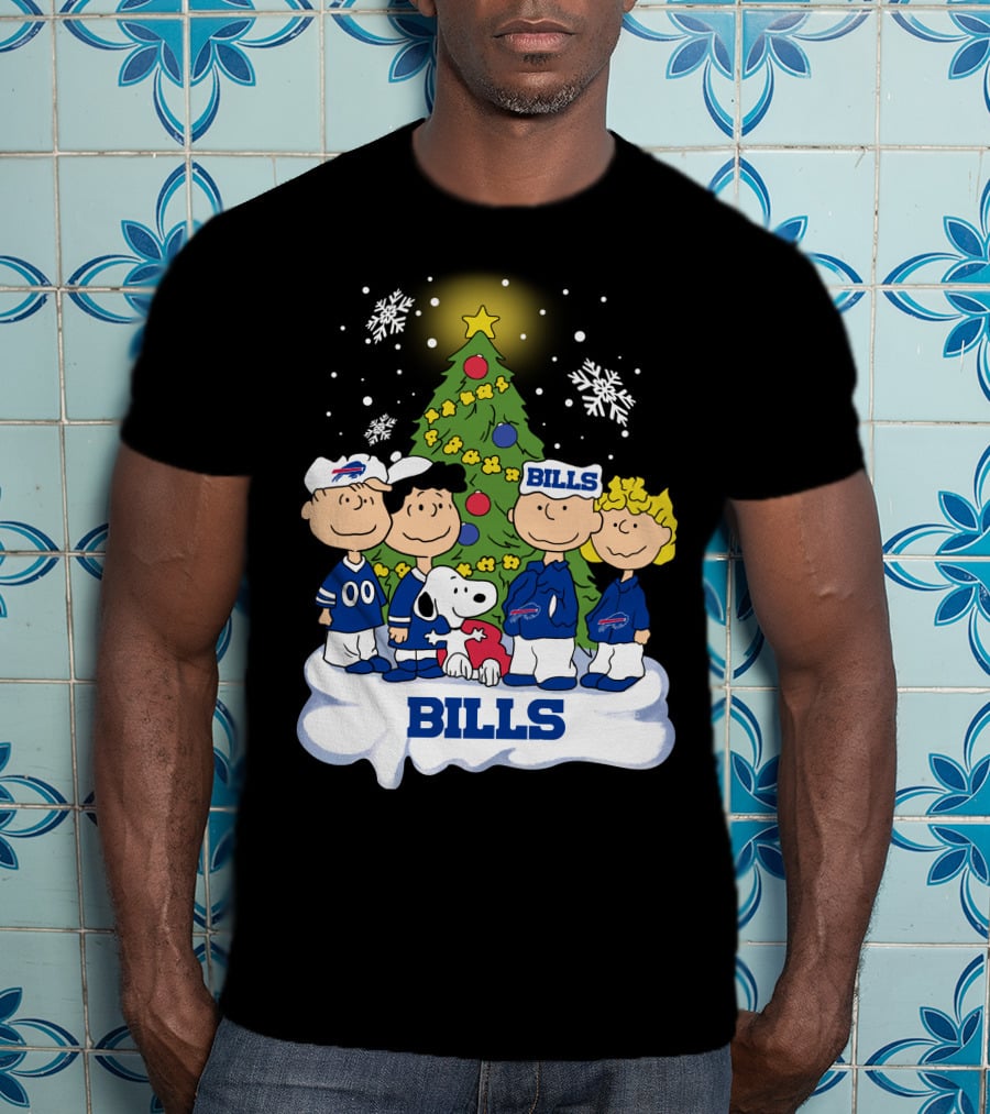 Snoopy And Peanuts Characters Celebrating With Buffalo Bills Christmas Tree T-Shirt