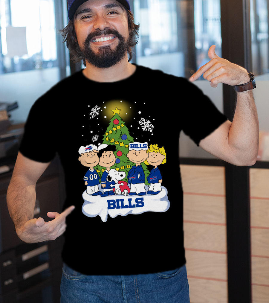 Snoopy And Peanuts Characters Celebrating With Buffalo Bills Christmas Tree T-Shirt