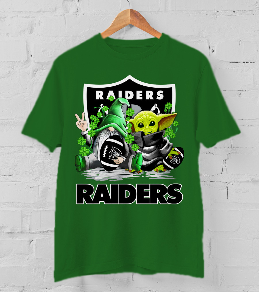 Raiders St. Patrick’s Day Football Gnome And Baby Alien With Clover Footballs T-Shirt