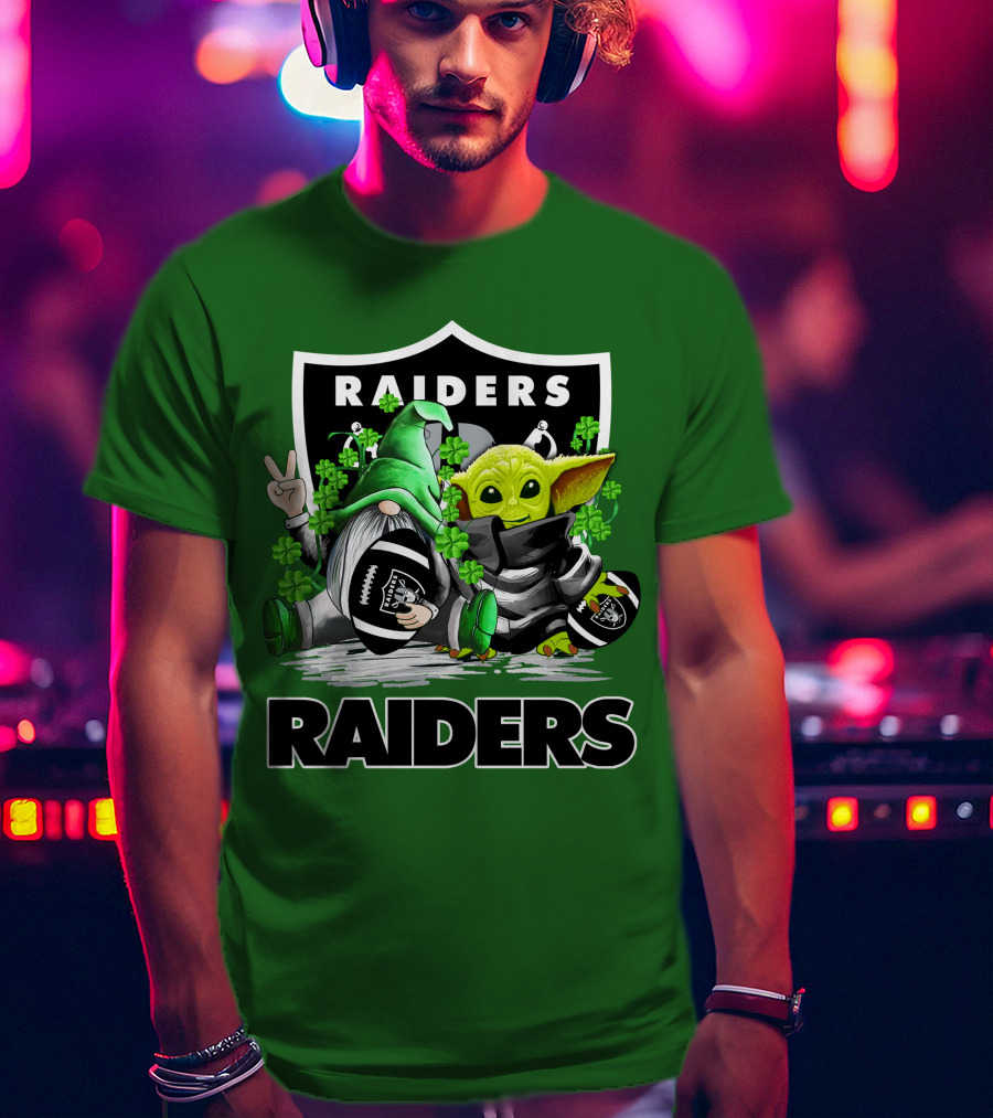 Raiders St. Patrick’s Day Football Gnome And Baby Alien With Clover Footballs T-Shirt