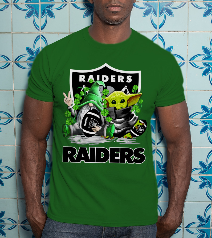 Raiders St. Patrick’s Day Football Gnome And Baby Alien With Clover Footballs T-Shirt