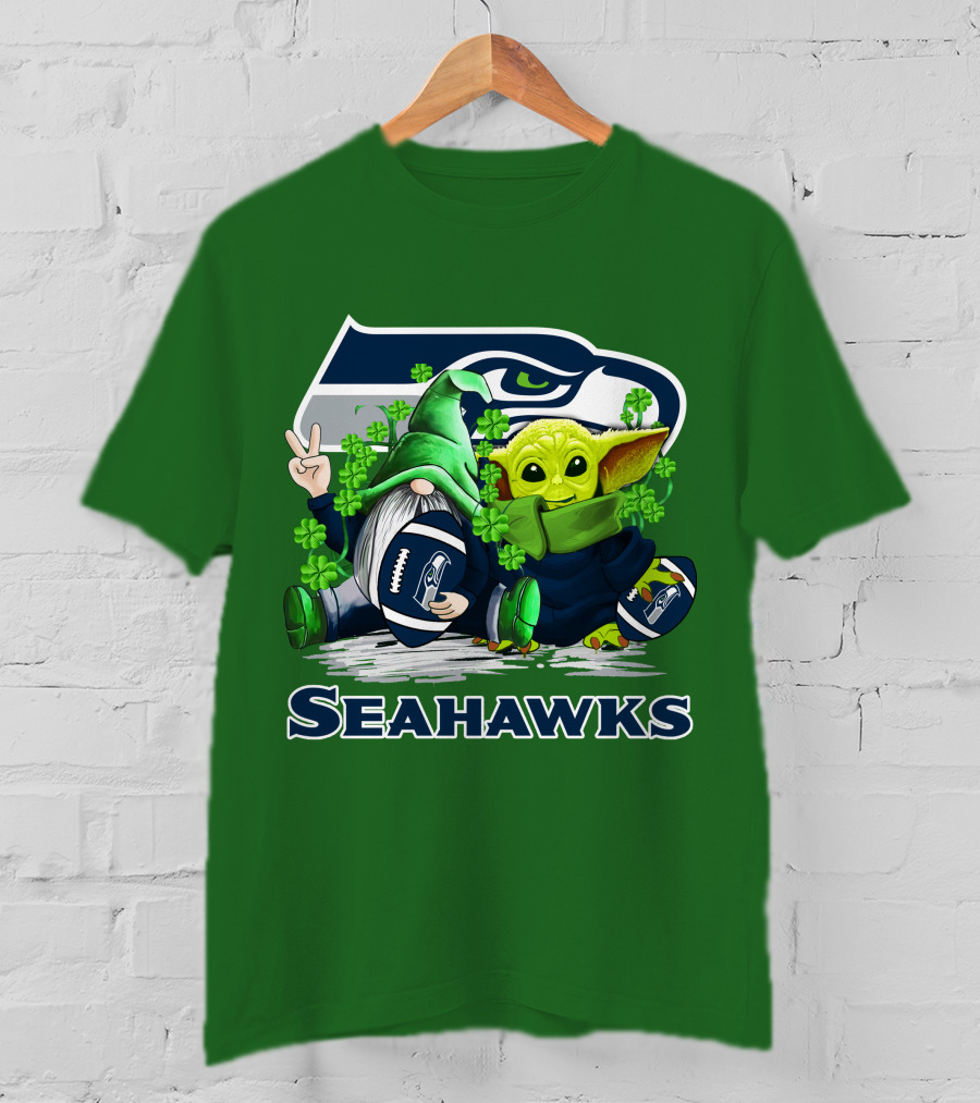 Seattle Seahawks St. Patrick's Day Gnome And Baby Yoda Football T-Shirt