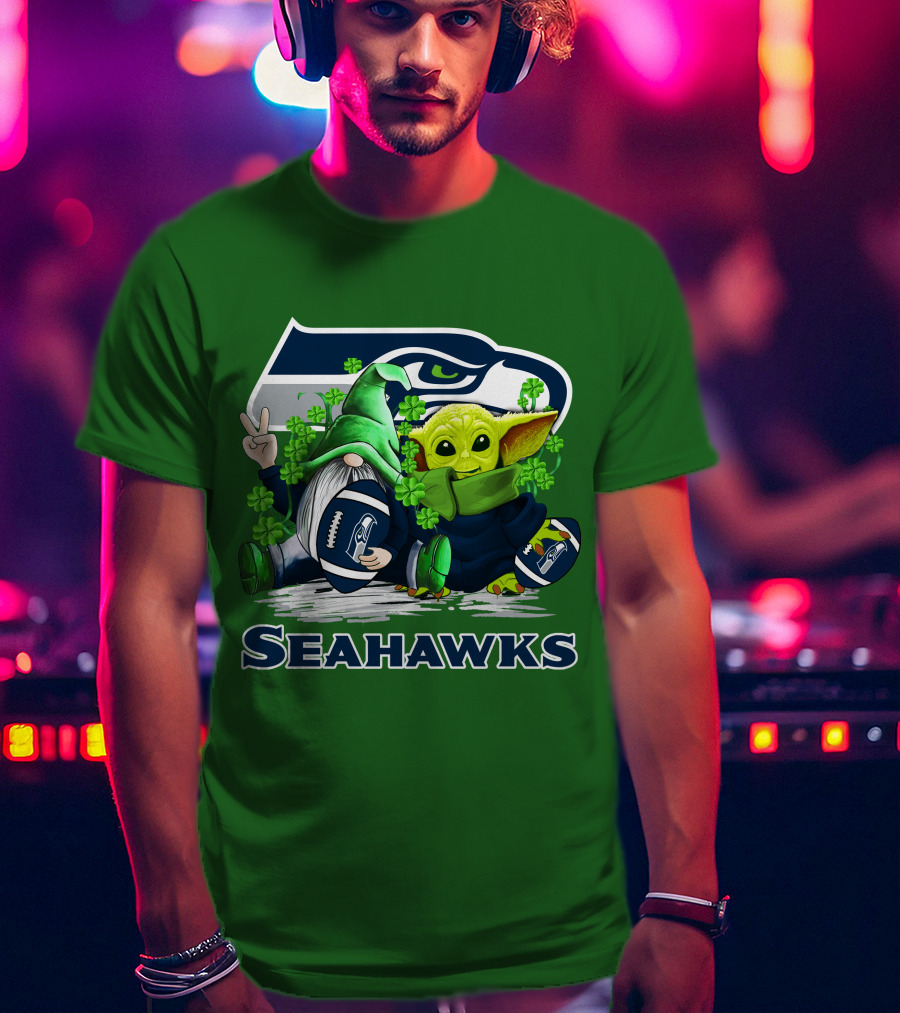 Seattle Seahawks St. Patrick's Day Gnome And Baby Yoda Football T-Shirt