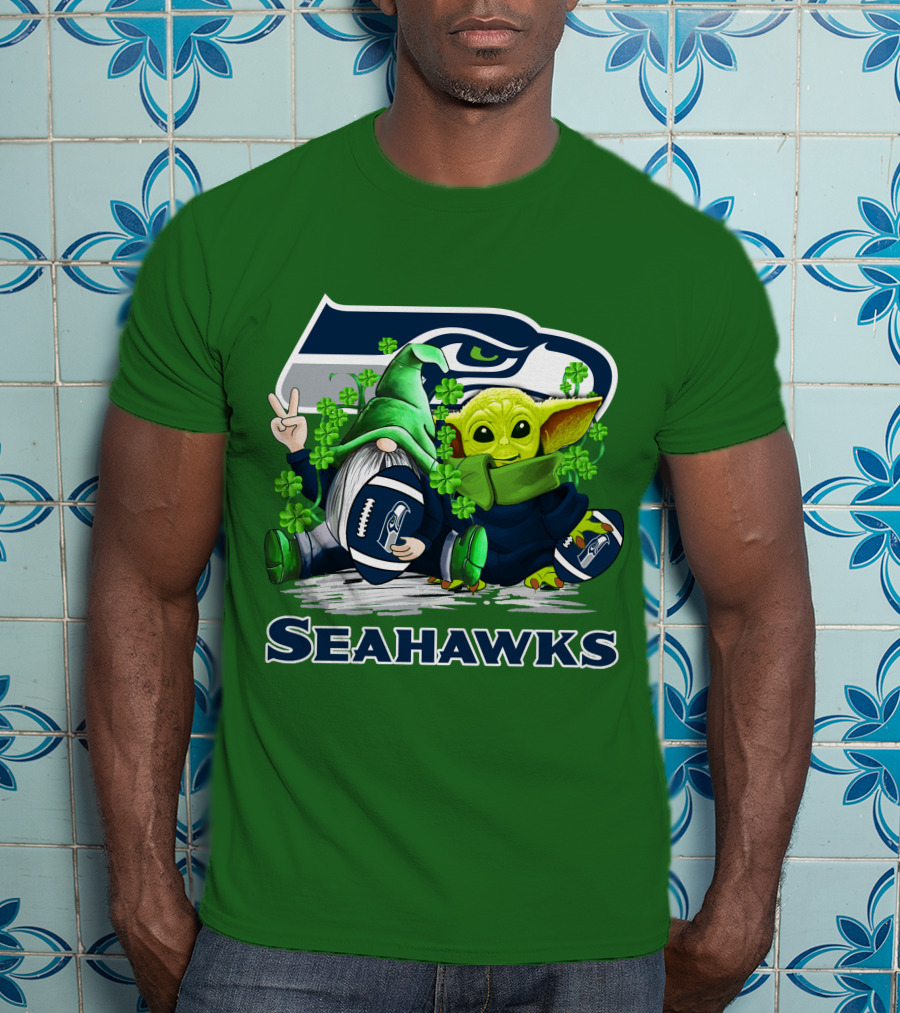 Seattle Seahawks St. Patrick's Day Gnome And Baby Yoda Football T-Shirt