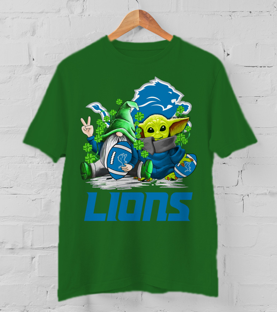 Detroit Lions St. Patrick's Day Gnome And Yoda Football T-Shirt