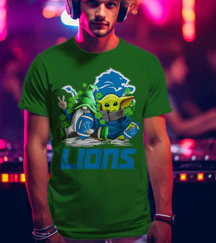 Detroit Lions St. Patrick's Day Gnome And Yoda Football T-Shirt
