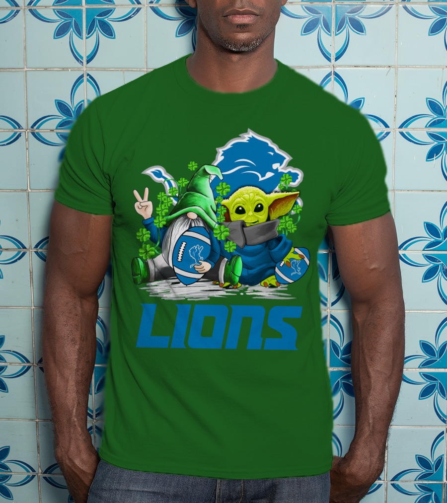 Detroit Lions St. Patrick's Day Gnome And Yoda Football T-Shirt